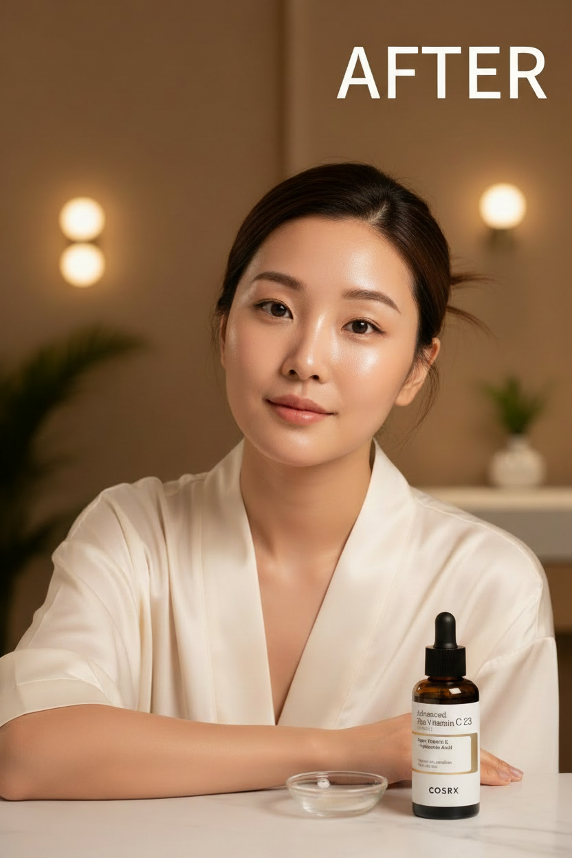 COSRX Vitamin C 23 Serum AFTER – Korean model with luminous glass skin after vitamin C serum treatment
