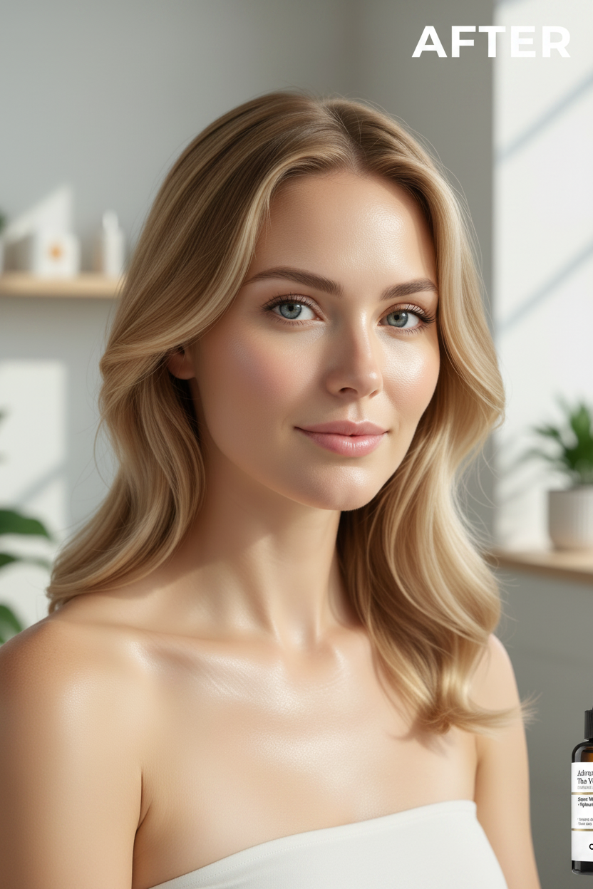 COSRX Vitamin C 23 Serum AFTER – Western model with visibly brighter glowing skin after vitamin C serum use
