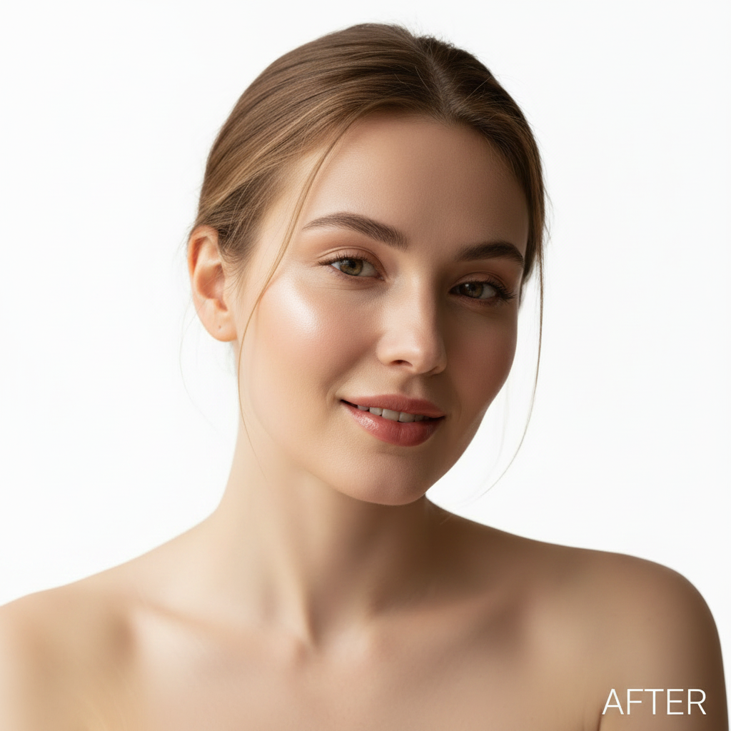 AFTER – Western model with glowing radiant complexion after TIRTIR Mini All Cover Pink Cushion foundation
