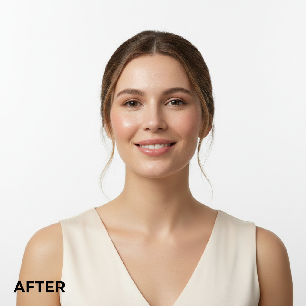 TIRTIR Mask Fit Make-Up Fixer Peach 80ml – Western model AFTER, dewy luminous skin after makeup setting spray
