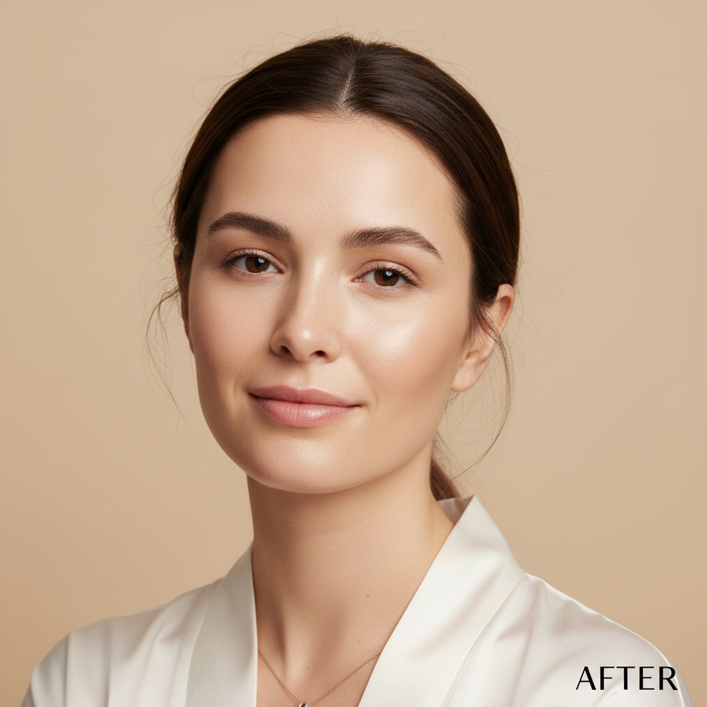 AFTER – Western model with flawless even skin tone after TIRTIR Mini All Cover Pink Cushion application
