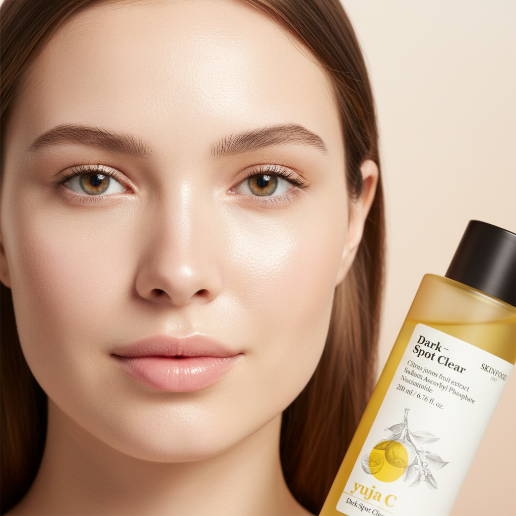 SKINFOOD Yuja C Toner After – Caucasian model with brighter, even glass skin after use
