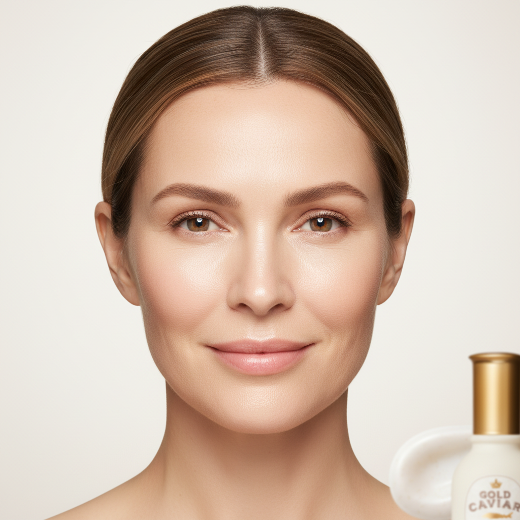 SKINFOOD Gold Caviar Serum After – Caucasian model with visibly firmer, lifted and radiant skin

