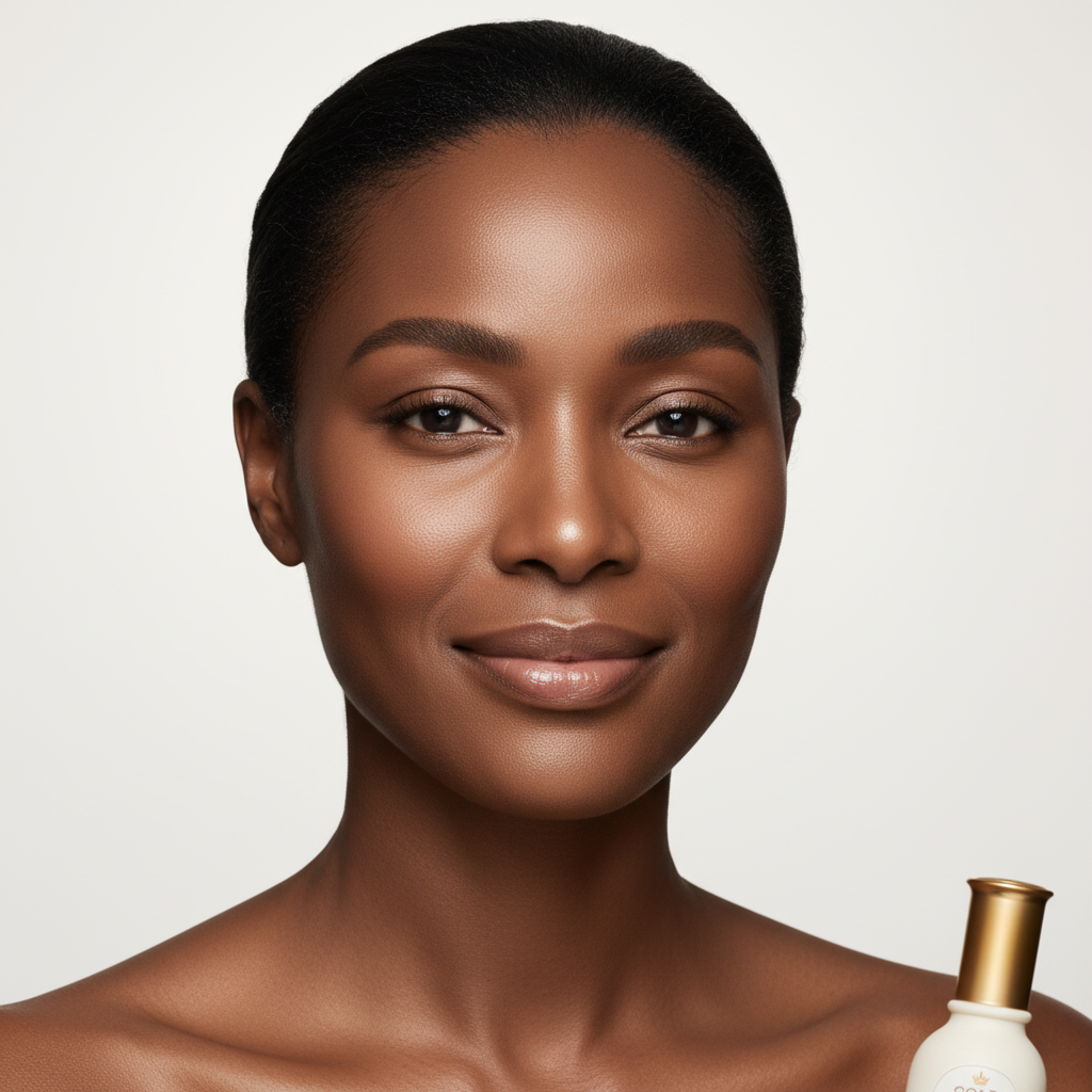 SKINFOOD Gold Caviar Serum After – Black model with visibly firmer, lifted and radiant skin after use
