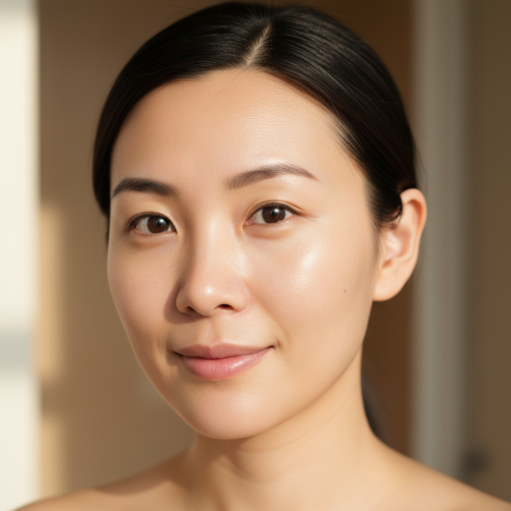 After using 20% Vitamin C Serum: visibly brighter even skin tone, dark spots faded, smooth radiant luminous complexion, realistic skincare result
