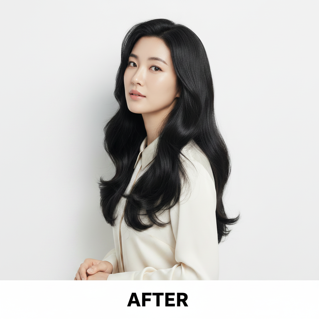 Asian woman – AFTER using COSRX Peptide-132 Hair Bonding Treatment, smooth glossy voluminous black hair
