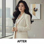 Asian woman – AFTER using COSRX Peptide-132 Hair Bonding Treatment, long voluminous wavy glossy black hair
