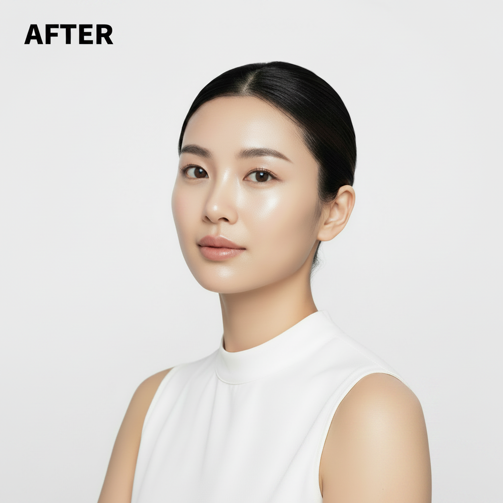 Asian woman – AFTER using Biodance Collagen Peptide Jelly Serum Mist, smooth dewy glass skin glow

