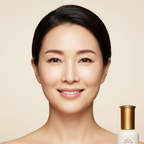 Sophisticated Asian woman with firm lifted youthful eye area and glowing luminous skin after SKINFOOD Gold Caviar Lifting Eye Serum, K-beauty anti-aging after result
