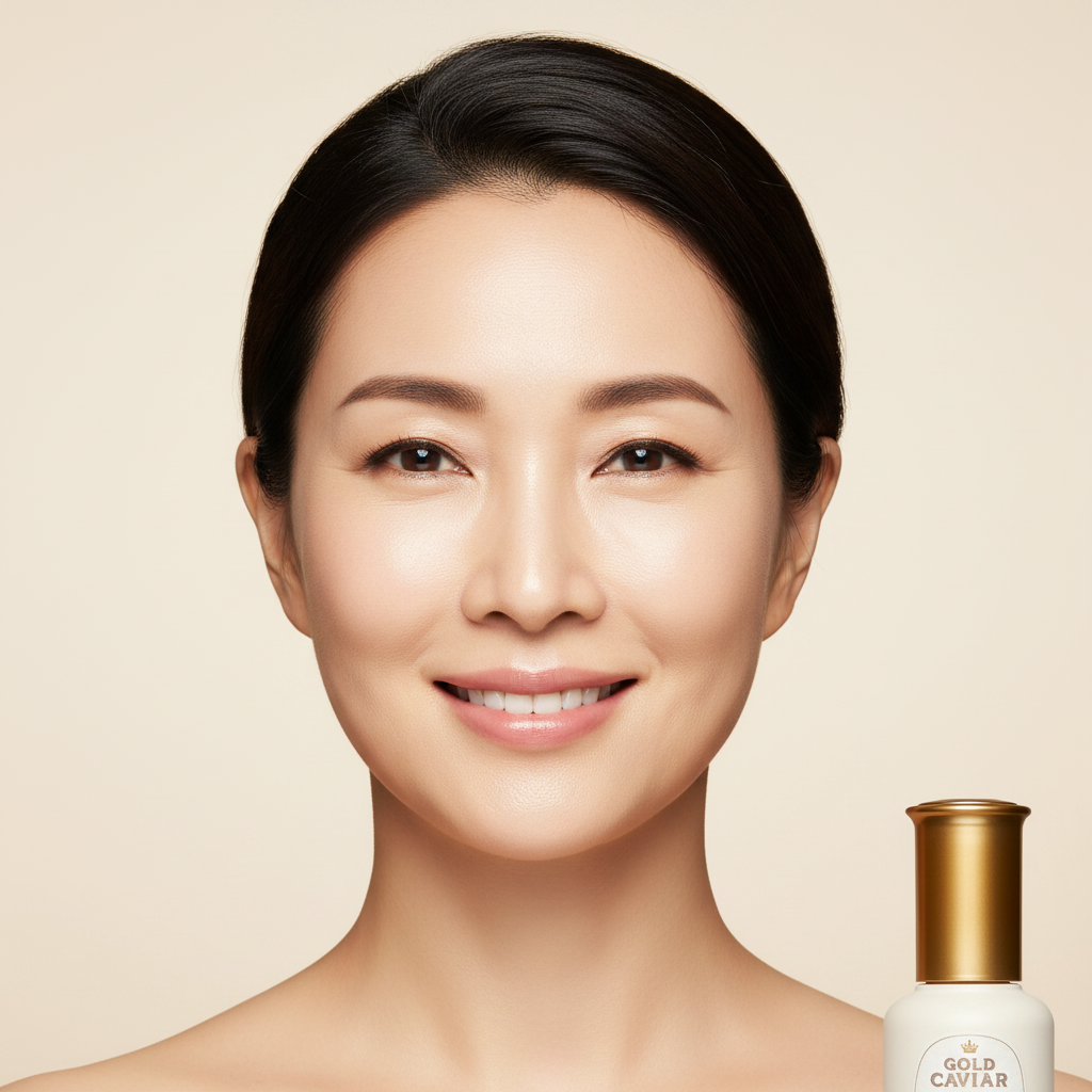Sophisticated Asian woman with firm lifted youthful eye area and glowing luminous skin after SKINFOOD Gold Caviar Lifting Eye Serum, K-beauty anti-aging after result
