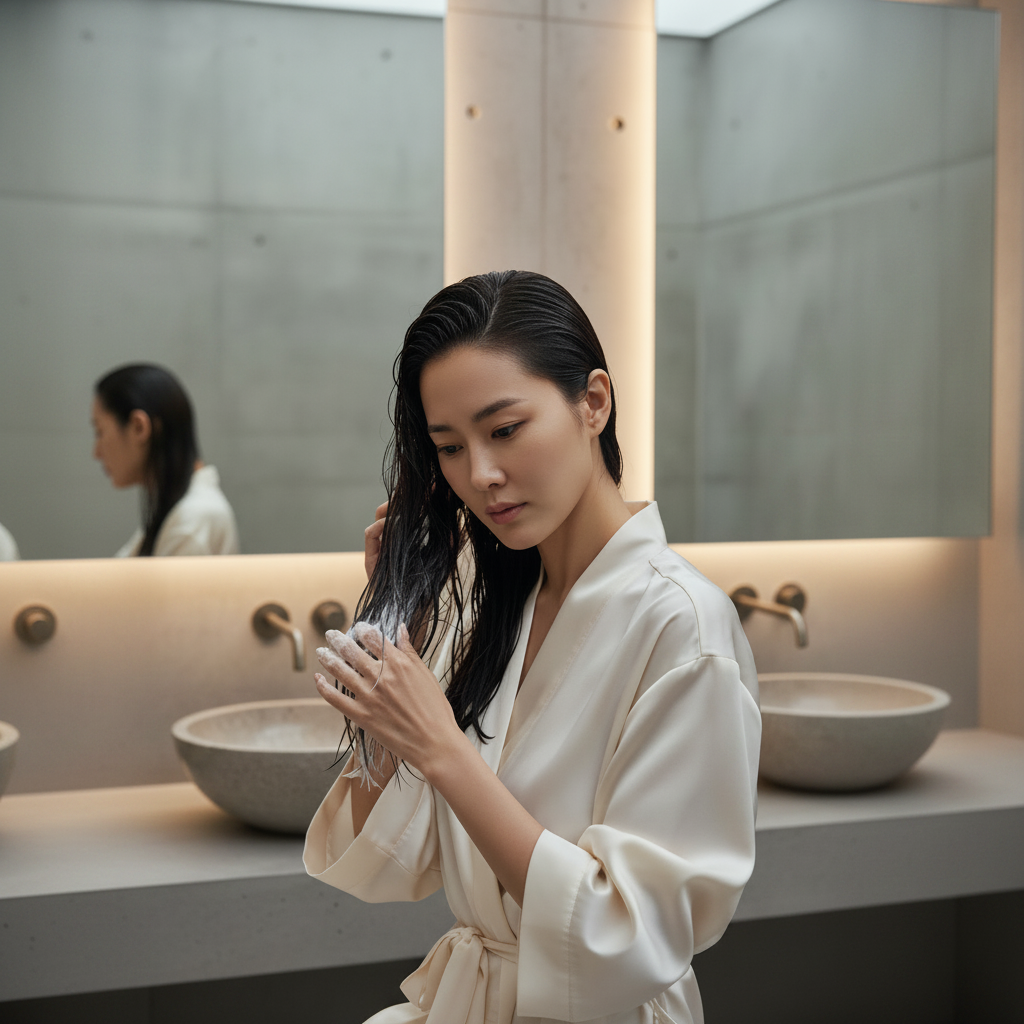 Asian woman applying COSRX Peptide-132 Hair Bonding Treatment to damp hair in luxury bathroom
