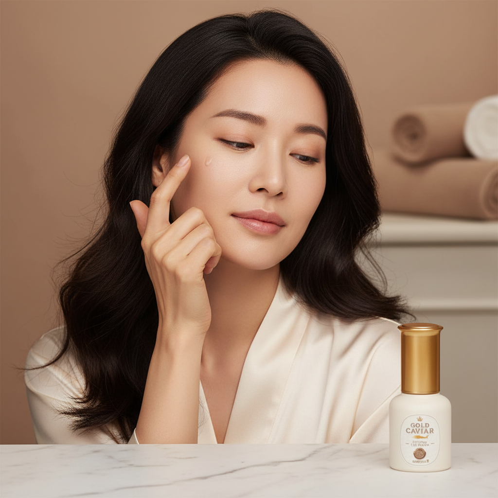 Elegant Asian woman gently applying SKINFOOD Gold Caviar Lifting Eye Serum with fingertip under eye area, premium K-beauty anti-aging skincare lifestyle
