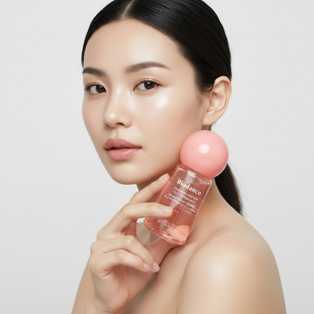 Asian woman holding Biodance Collagen Peptide Jelly Serum Mist bottle to cheek, glowing dewy skin
