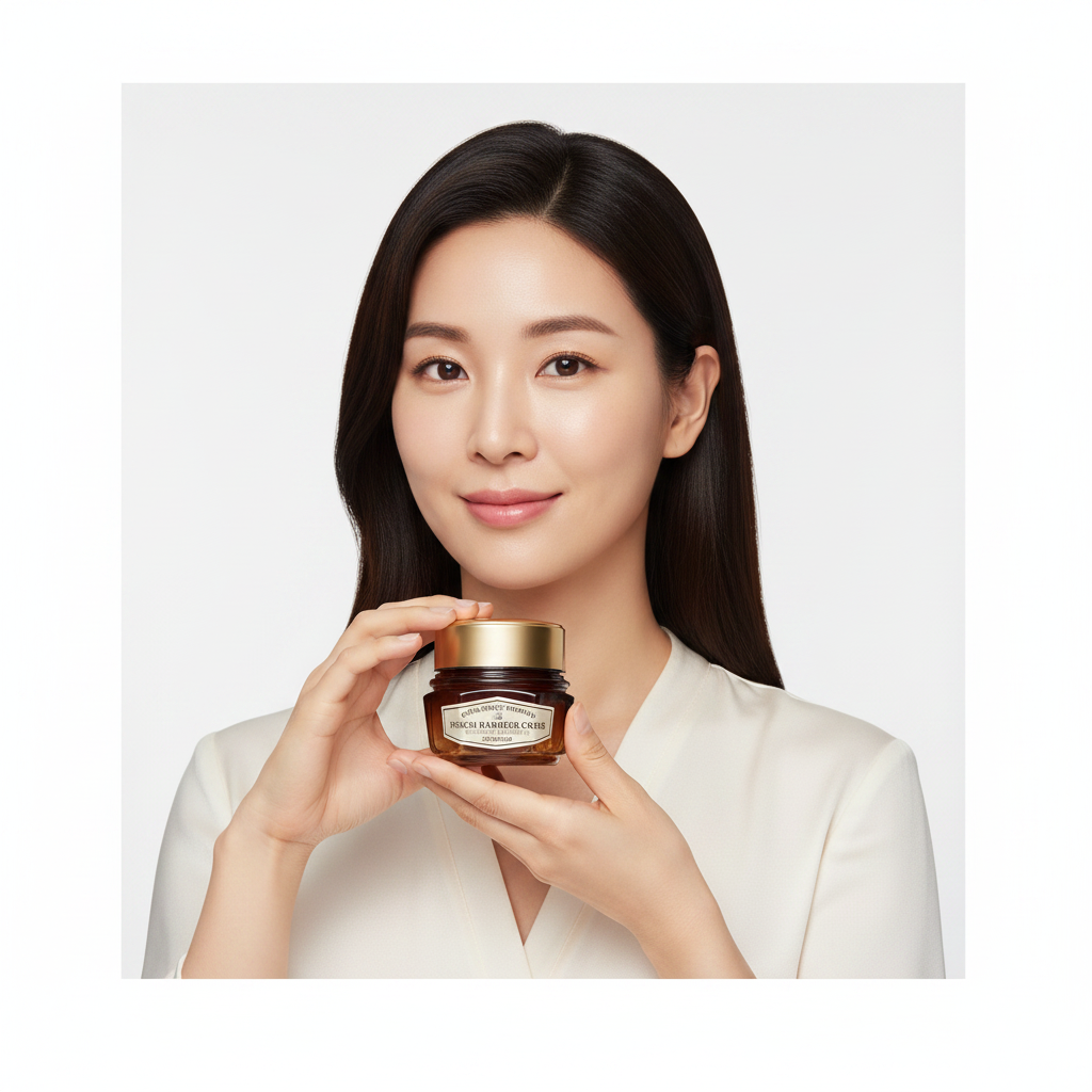 Asian woman holding SKINFOOD Royal Honey Propolis Enrich Barrier Cream 63ml
