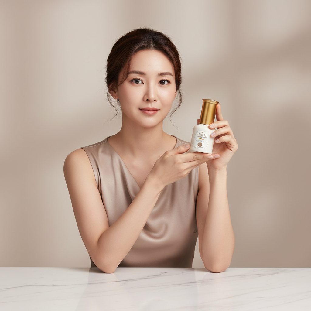 Caucasian woman holding SKINFOOD Gold Caviar Lifting Eye Serum cream-white bottle with gold cap, clean white marble table, premium K-beauty luxury skincare editorial
