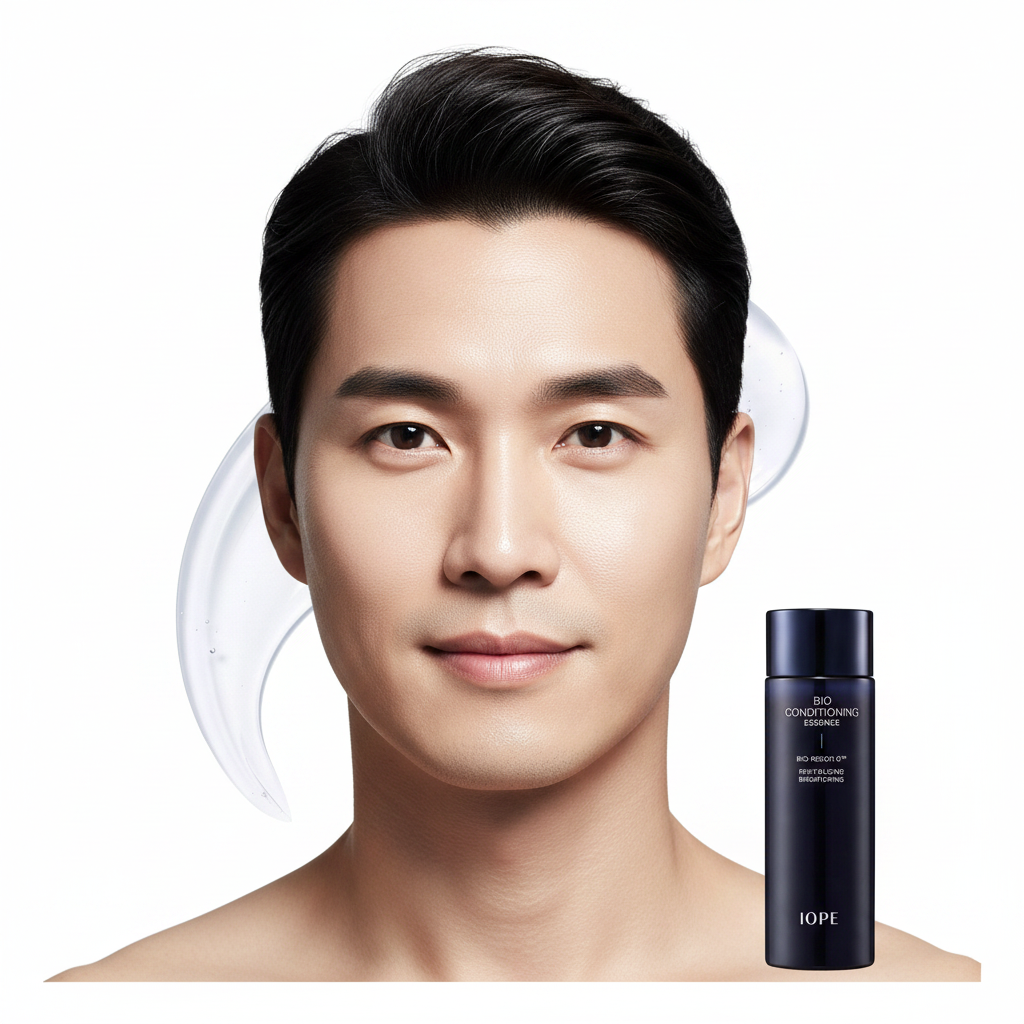 Asian male model after using IOPE Men Bio Conditioning Essence, visibly revitalized and glowing skin, even skin tone result
