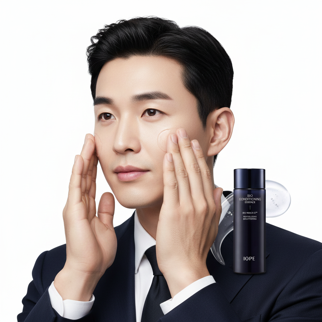Asian Asian male model applying IOPE Men Bio Conditioning Essence, refined skincare routine, niacinamide and fermented essence for men
