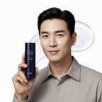 Asian male model holding IOPE Men Bio Conditioning Essence 145ml, luminous healthy skin, premium Korean men's beauty editorial
