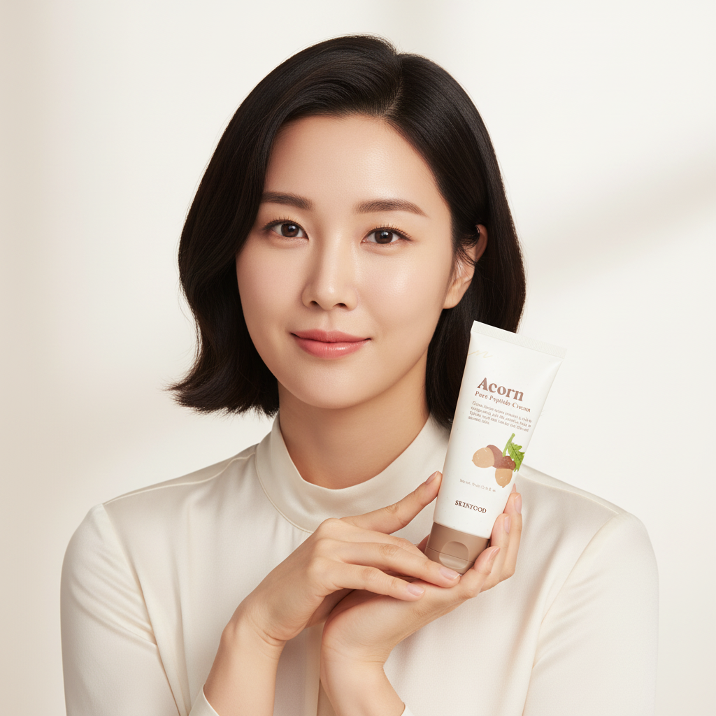 Elegant Asian woman holding SKINFOOD Acorn Pore Peptide Cream for firm refined pore-free skin
