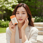 Elegant Asian woman holding SKINFOOD Carrot Carotene Airy Sun Stick for on-the-go broad-spectrum UV protection
