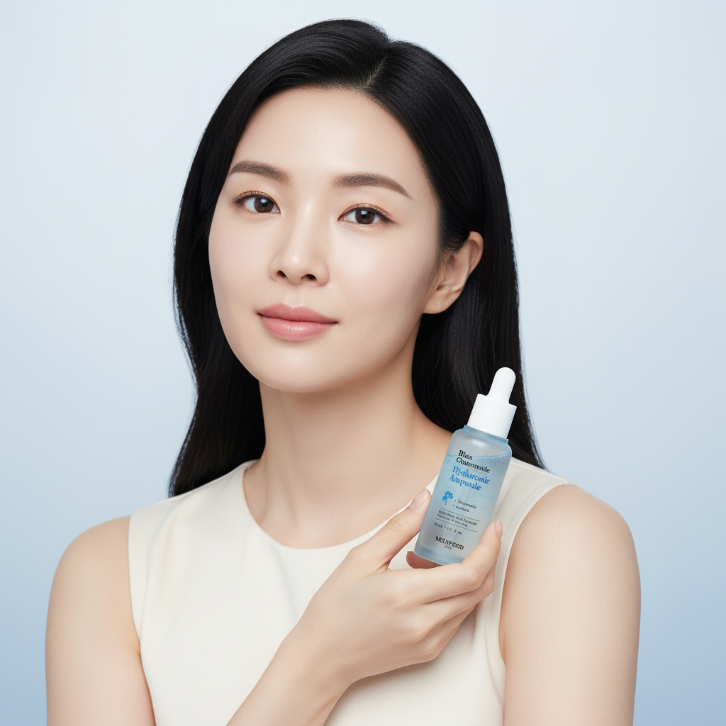 Elegant Asian woman holding SKINFOOD Blue Chamomile Hyaluronic Ampoule for soothed calm sensitive skin
