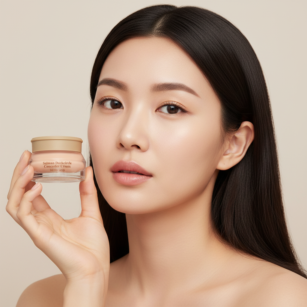 Elegant Asian woman holding SKINFOOD Salmon Dark Circle Concealer Cream for luminous refreshed under-eye area
