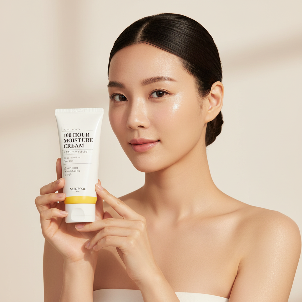 Elegant Asian woman holding SKINFOOD Royal Honey 100 Hour Moisture Cream for sensitive dry skin hydration

