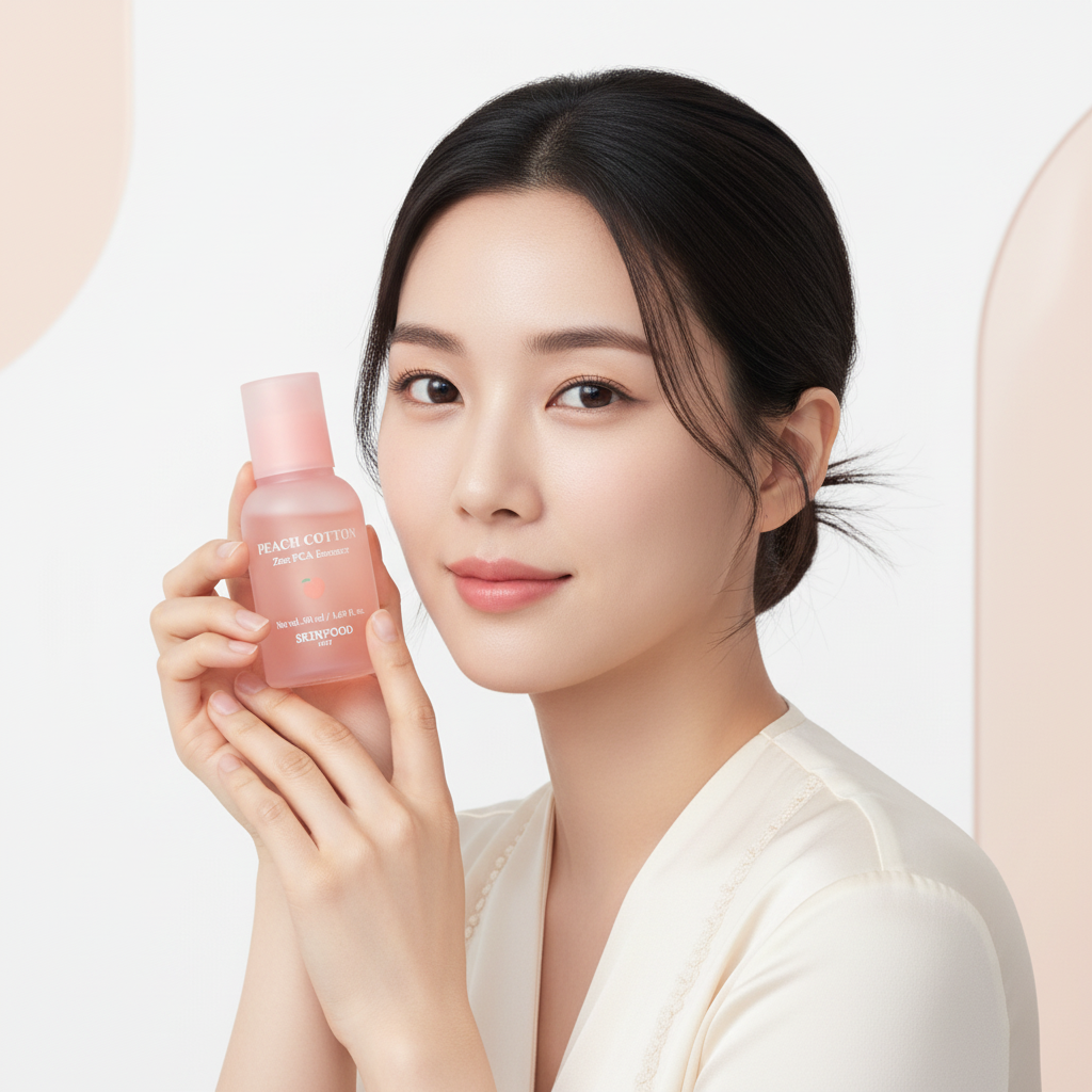 Elegant Asian woman holding SKINFOOD Peach Cotton Zinc PCA Essence for smooth matte skin
