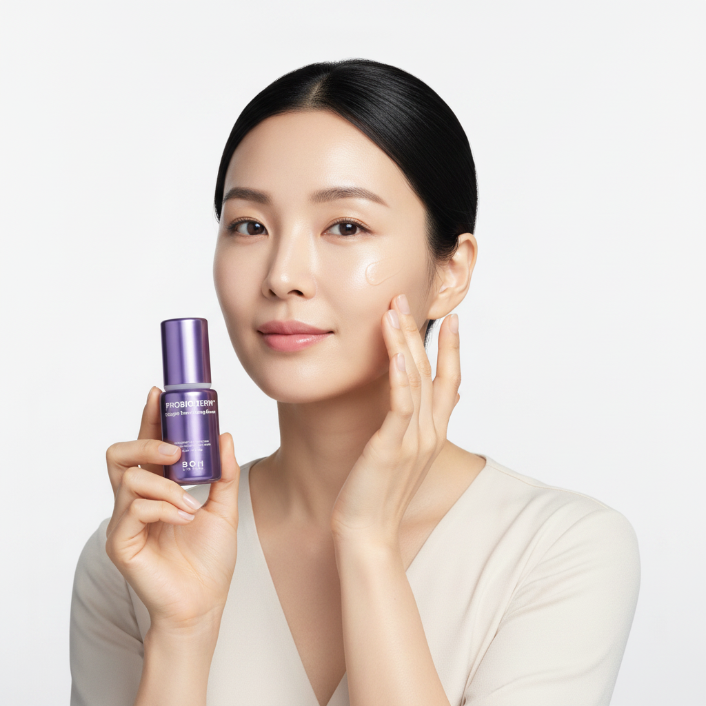 Intelligent Asian woman gently patting BIO HEAL BOH PROBIODERM™ Collagen Remodeling Serum onto cheek – K-beauty firming serum application
