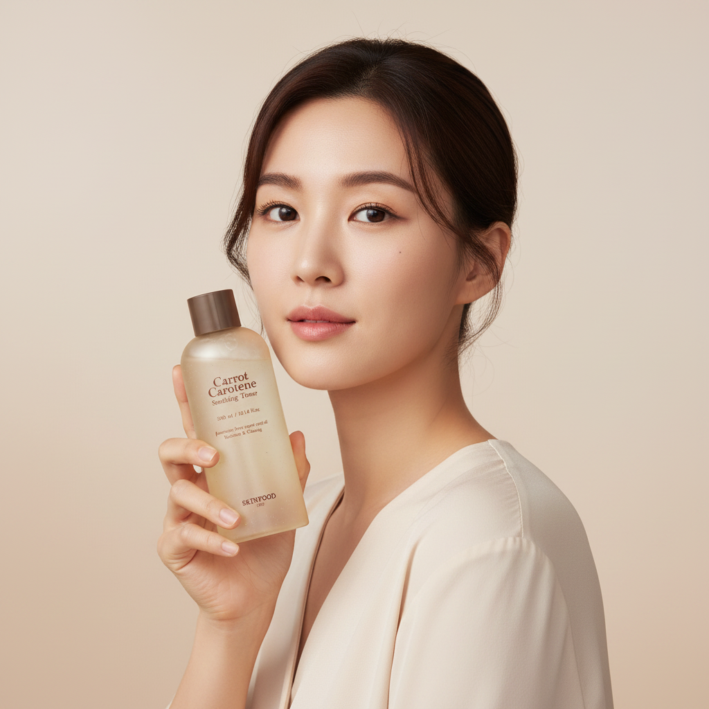 Elegant Asian woman holding SKINFOOD Carrot Carotene Soothing Toner for calm hydrated sensitive skin
