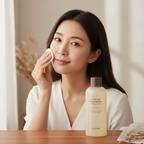 Asian woman applying SKINFOOD Carrot Carotene Soothing Toner with cotton pad for soothed refreshed skin
