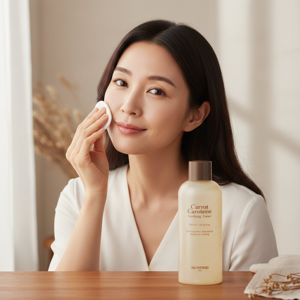 Asian woman applying SKINFOOD Carrot Carotene Soothing Toner with cotton pad for soothed refreshed skin
