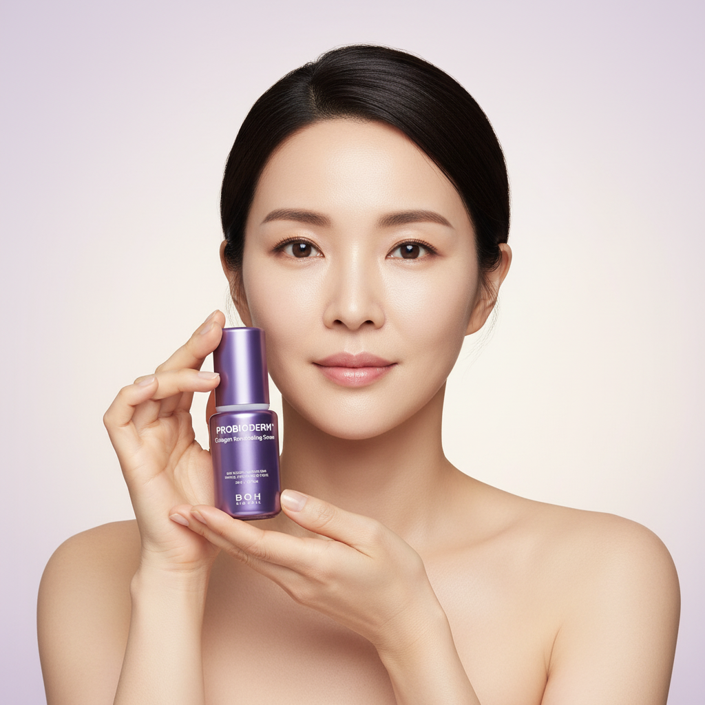 Refined Asian woman holding BIO HEAL BOH PROBIODERM™ Collagen Remodeling Serum bottle – Korean collagen serum for skin elasticity and firmness
