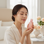 Asian woman applying SKINFOOD Peach Cotton Zinc PCA Essence for oil control and pore care in morning routine

