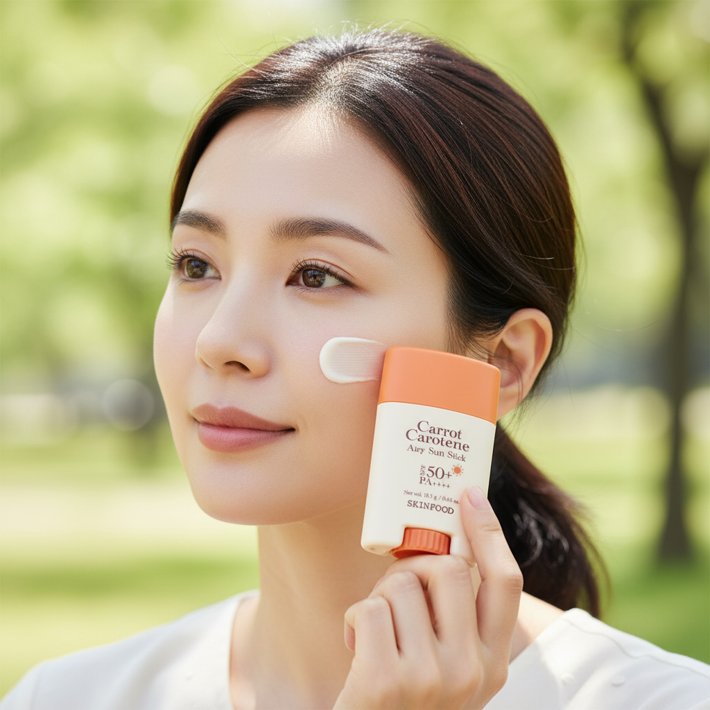 Asian woman applying SKINFOOD Carrot Carotene Airy Sun Stick outdoors for daily SPF50+ sun protection
