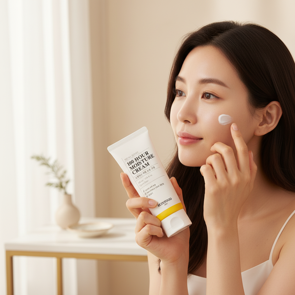 Asian woman with luminous dewy skin applying SKINFOOD Royal Honey Moisture Cream in morning skincare routine
