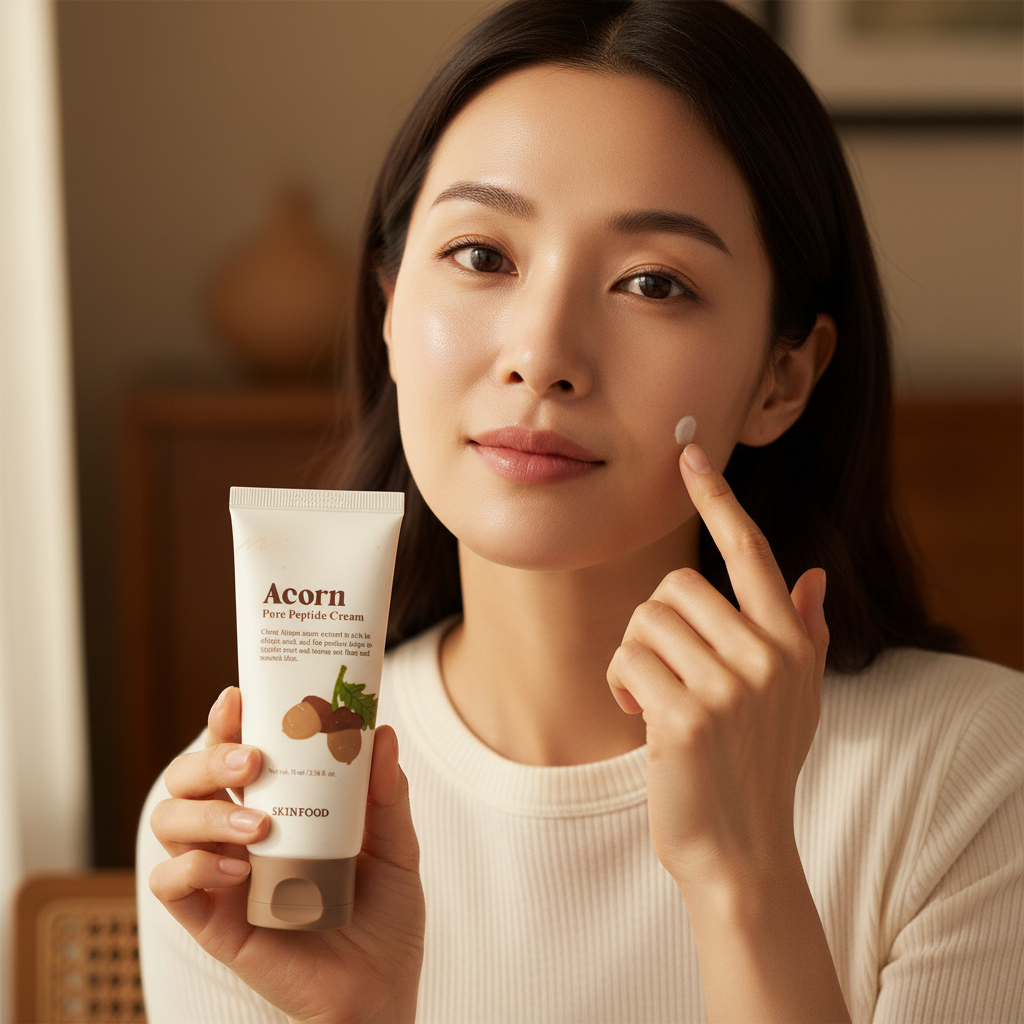 Asian woman applying SKINFOOD Acorn Pore Peptide Cream for smooth poreless skin in daily routine

