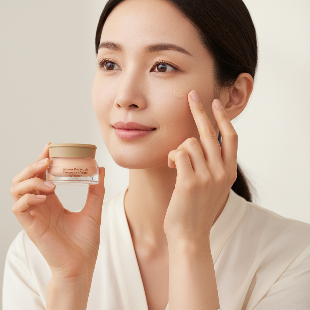 Asian woman applying SKINFOOD Salmon Dark Circle Concealer Cream for bright wide-awake eye contour coverage
