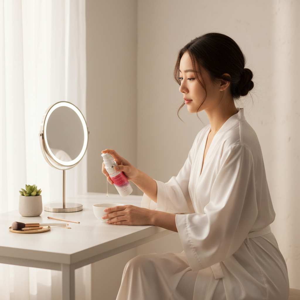 Asian woman in silk robe applying Superfood Oil Serum during morning skincare routine, K-beauty lifestyle
