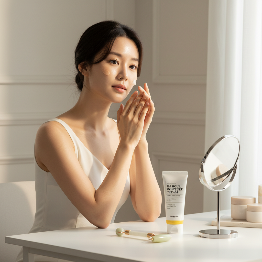 Sophisticated Asian woman at vanity with SKINFOOD Royal Honey Moisture Cream for 100 hours of hydration

