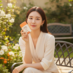 Sophisticated Asian woman with SKINFOOD Carrot Carotene Airy Sun Stick for outdoor skincare sun care routine
