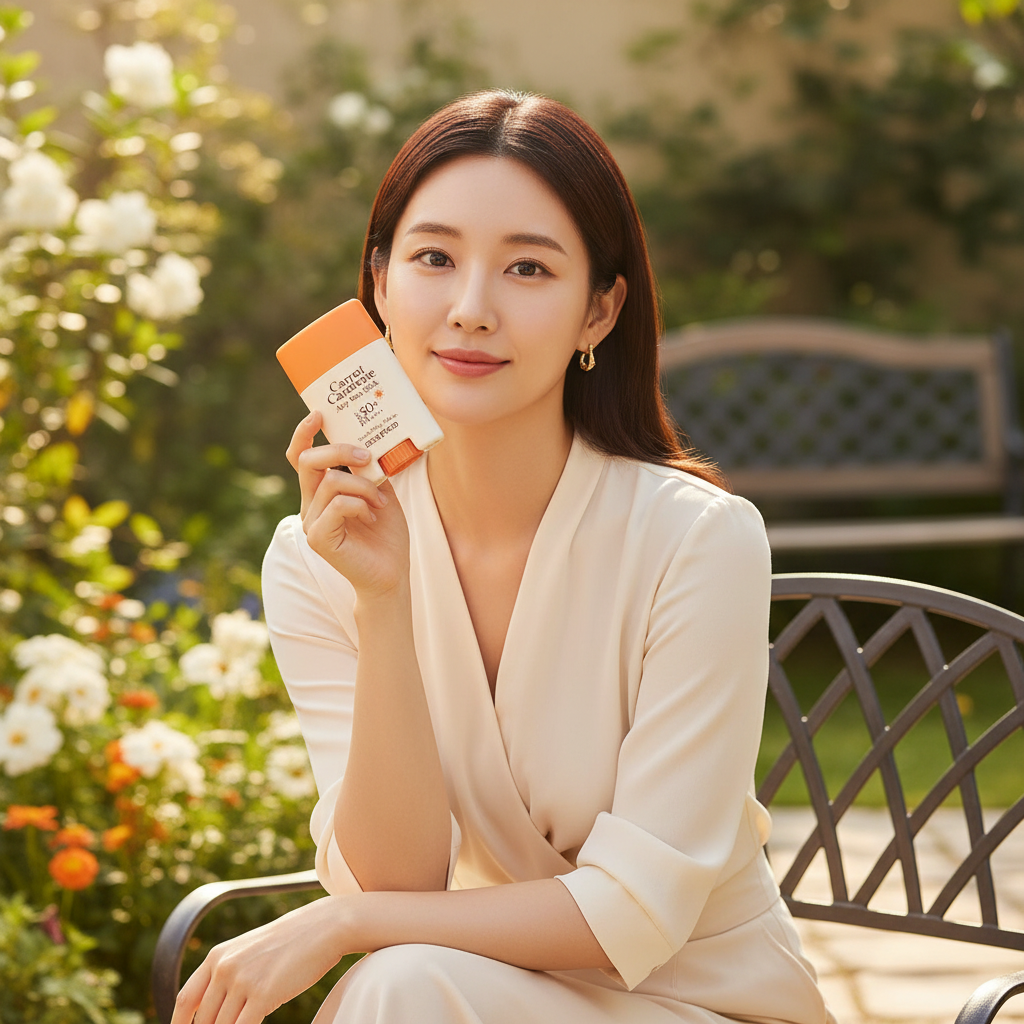 Sophisticated Asian woman with SKINFOOD Carrot Carotene Airy Sun Stick for outdoor skincare sun care routine
