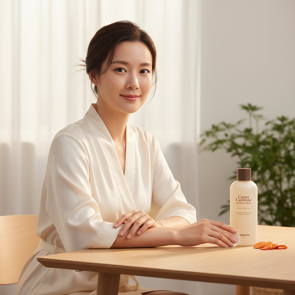 Sophisticated Asian woman at vanity with SKINFOOD Carrot Carotene Soothing Toner in morning skincare routine
