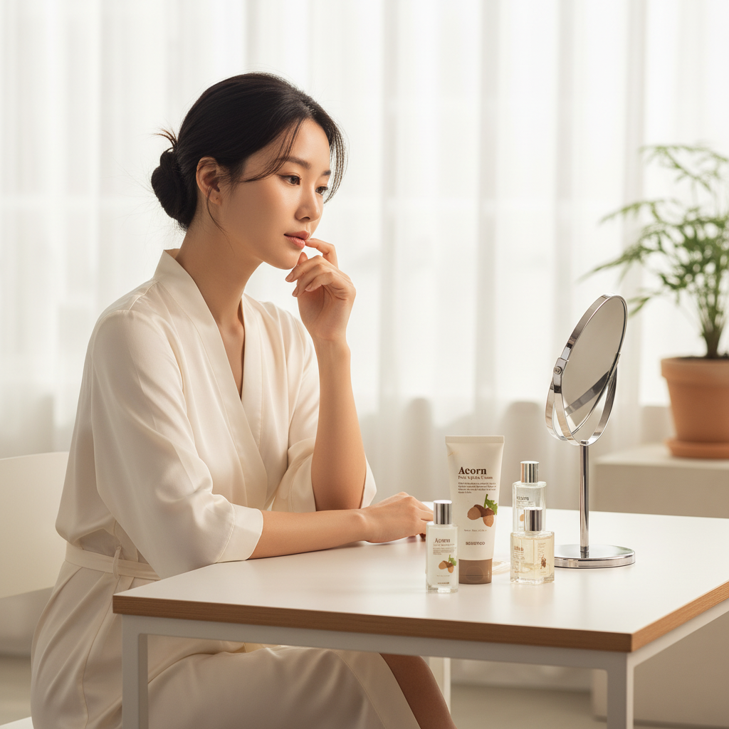 Sophisticated Asian woman at vanity with SKINFOOD Acorn Pore Peptide Cream for pore care routine

