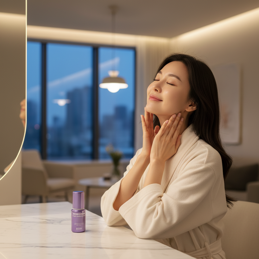 Sophisticated Asian woman applying BIO HEAL BOH PROBIODERM™ Collagen Remodeling Serum as part of evening skincare routine – Korean beauty lifestyle
