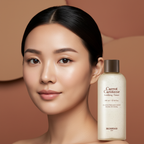 Asian woman with calm glowing skin after using SKINFOOD Carrot Carotene Soothing Toner with beta-carotene
