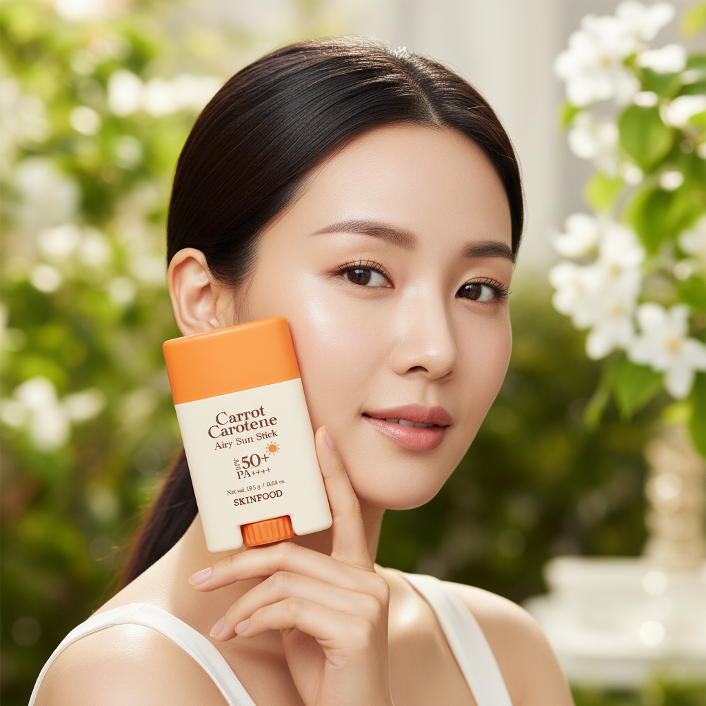 Asian woman with glowing sun-protected skin after using SKINFOOD Carrot Carotene Airy Sun Stick SPF50+
