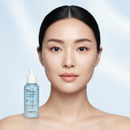 Asian woman with visibly plump hydrated glowing skin after using SKINFOOD Blue Chamomile Hyaluronic Ampoule
