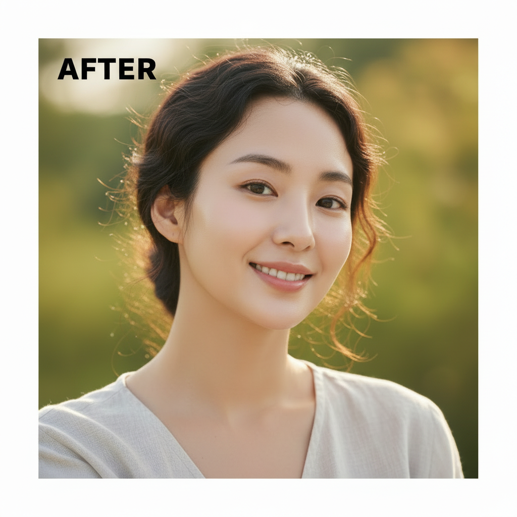 AFTER - Asian woman with luminous glass skin after using Beauty of Joseon Relief Sun Rice + Probiotics SPF50+ PA++++
