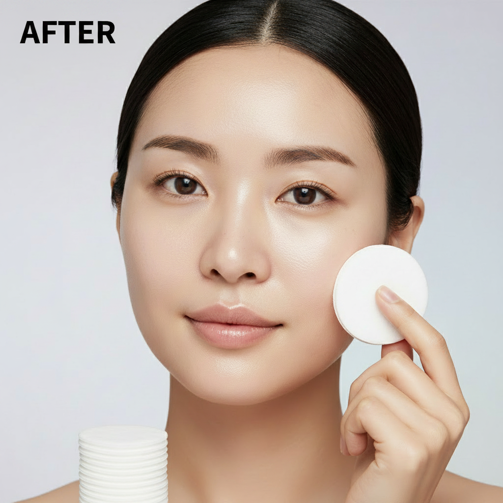 Asian model after using Medicube Zero Pore Pad showing bright smooth glass skin transformation

